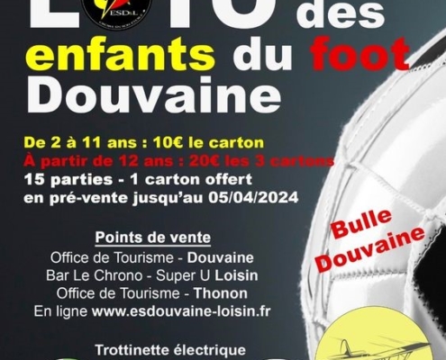 Affiche du Loto des enfants du Foot de Douvaine, le dimanche 7 avril 2024 à 14h à la Bulle