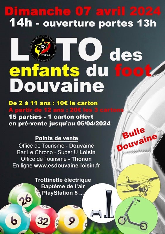 Affiche du Loto des enfants du Foot de Douvaine, le dimanche 7 avril 2024 à 14h à la Bulle