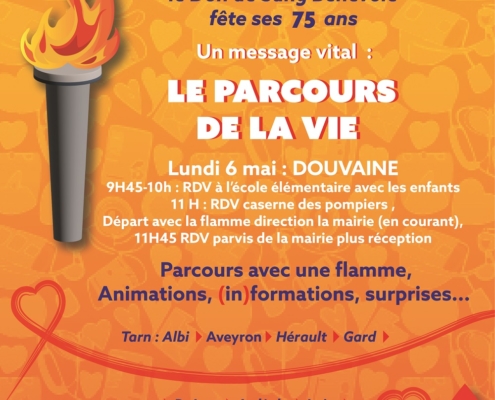 Affiche expliquant le passage de la flamme du Parcours de la vie à Douvaine le 6 mai 2024 de 9h45 à 12h