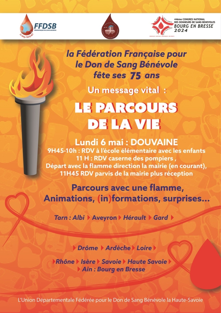 Affiche expliquant le passage de la flamme du Parcours de la vie à Douvaine le 6 mai 2024 de 9h45 à 12h