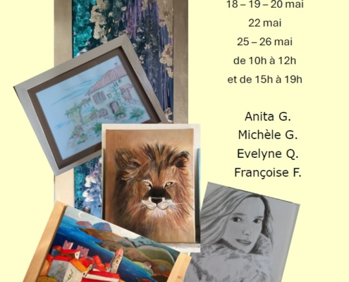 affiche de l'exposition conjointe de Anita G;, Michèle G., Evelyne Q. et Françoise F. à la Grange à Joseph