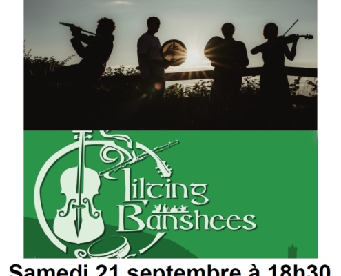 Affiche du concert des Lilting Banshees le 21 septembre 2024 aux Granges de Servette avec photo du groupe au coucher de soleil