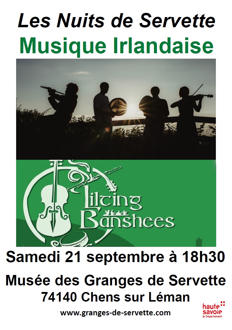 Affiche du concert des Lilting Banshees le 21 septembre 2024 aux Granges de Servette avec photo du groupe au coucher de soleil