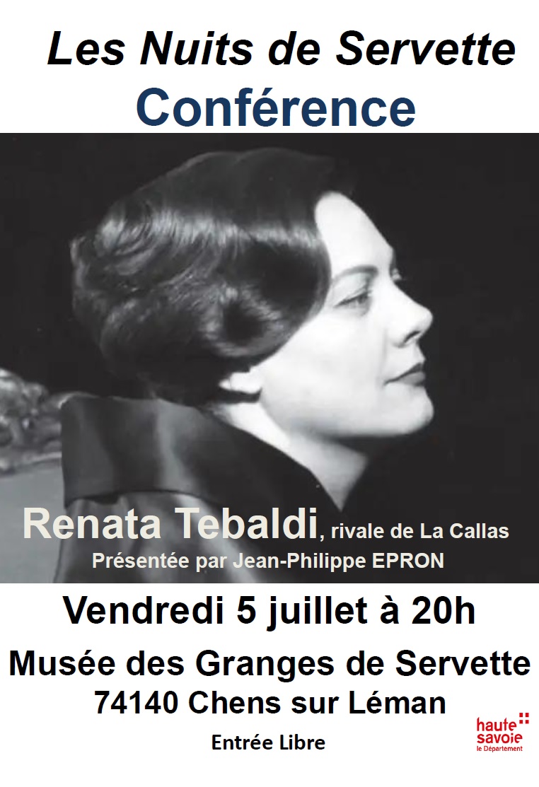Affiche de la conférence de Jean-Philippe EPRON le 5 juillet 2024 sur Renata Tabaldi avec photo de la chanteuse