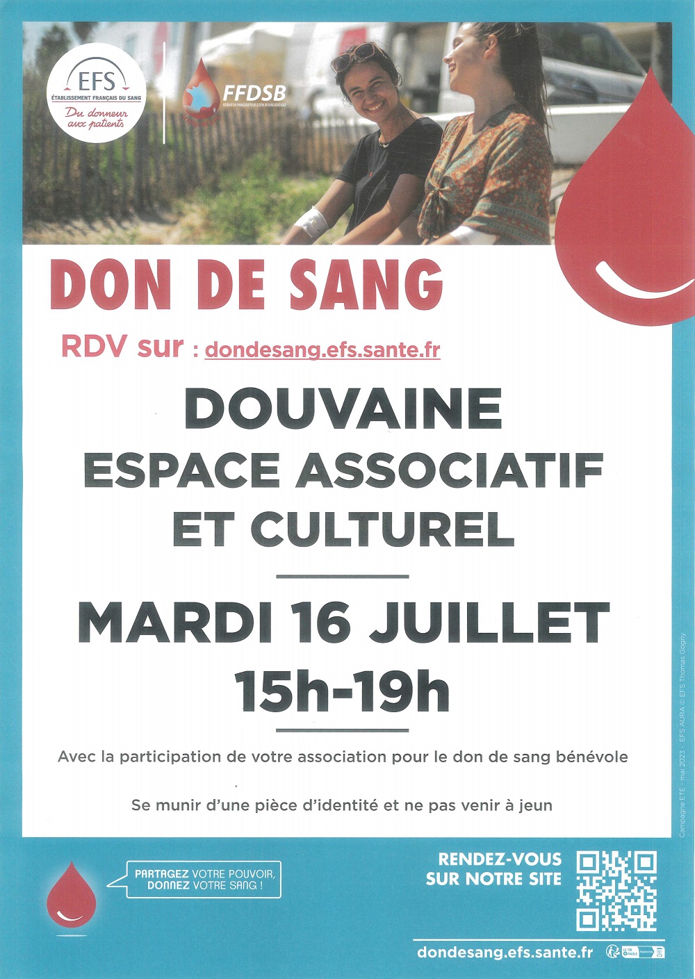 Affiche de la prochaine collecte du Don du Sang du mardi 16 juillet 2024