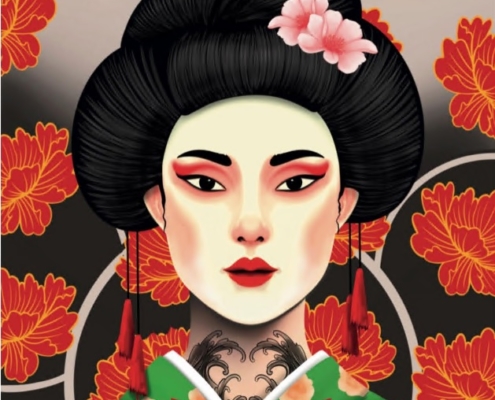 Affiche du Douvaine Tattoo Show les 28 et 29 septembre 2024 à la Bulle avec image de geisha