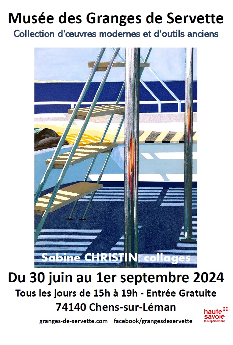 Affiche de l'Exposition de Sabine CHRISTIN tout l'été 2024 aux Granges de Servette avec tableau d'une de ses oeuvres