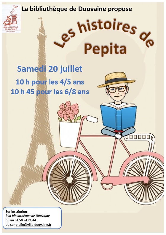affichette annonçant la lecture pour enfant "Histoires de Pépita" le 20 juillet 2024 dès 10h