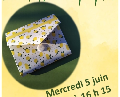 affichette de l'atelier de création de pochettes en papier à la bibliothèque le mercredi 5 juin 2024
