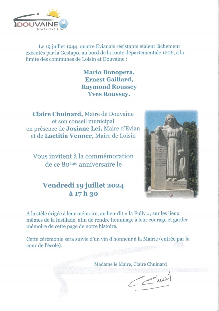 invitation de Madame le Maire à la cérémonie du 19 juillet en mémoire des fusillés évianais