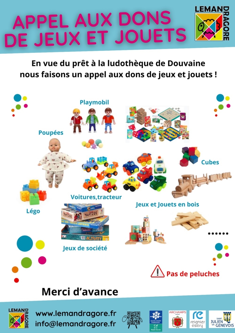 affiche demandant des dons de jouets divers pour la médiathèque de Douvaine