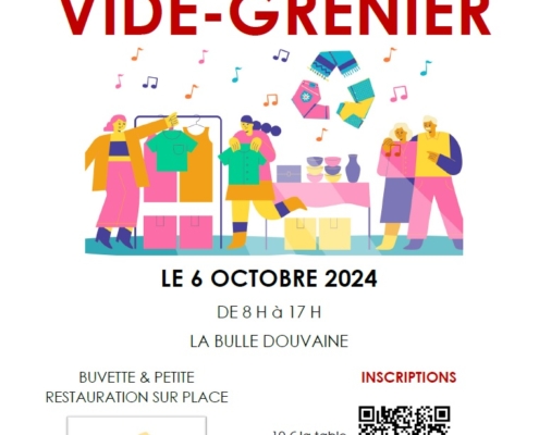 affiche annonçant le vide grenier avec QR code pour renvoi à la page inscriptions