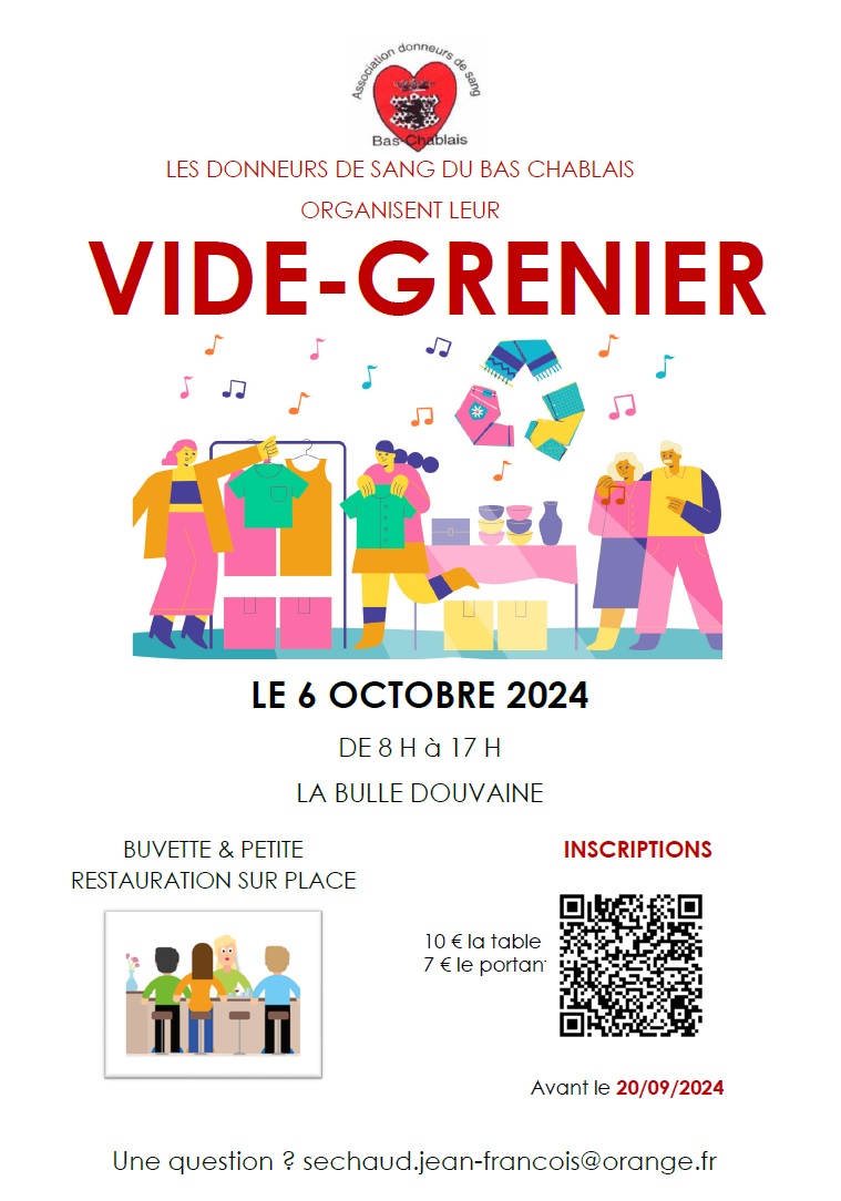 affiche annonçant le vide grenier avec QR code pour renvoi à la page inscriptions