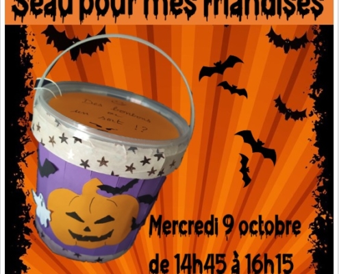 Affiche d'Halloween "seau pour mes friandises" le mercredi 9 octobre 2024 à la Bibliothèque de Douvaine