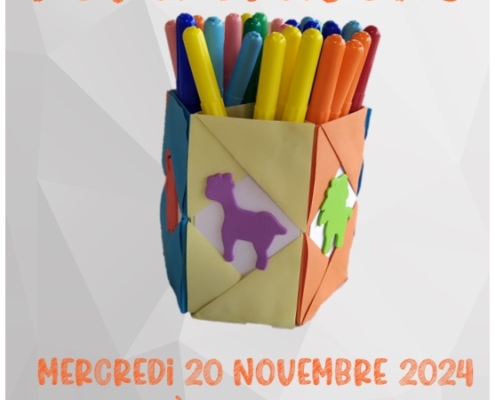 Affiche de l'atelier "pot à crayon" à la bibliothèque de Douvaine le mercredi 20 novembre 2024 de 14h45 à 16h