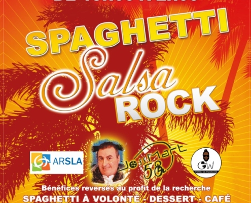 Affiche de la soirée spaghetti Salsa Rock de l'association Joss'Mart 58 au profit de la recherche, le samedi 30 novembre 2024 de 19h à 02h à la Bulle de Douvaine. Entrée 25€ adulte ou 15E -12 ans.