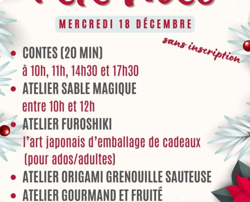 affiche avec le programme des animations de noël à la bibliothèque de Douvaine le mercredi 18 décembre 2024