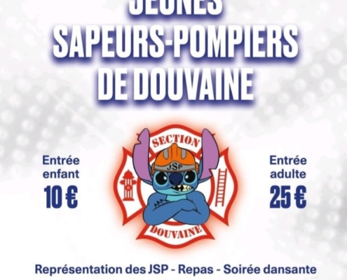 affiche de la soirée repas, spectacle soirée dansante des Jeunes Sapeur-Pompiers de Douvaine, le samedi 15 février 2025 à la Bulle de Douvaine