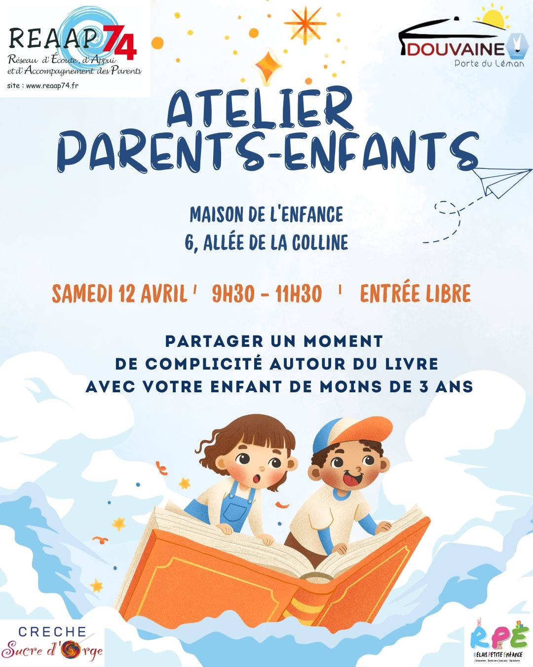 Affiche pour l'atelier parent-enfant proposé par le RPE le samedi 12 avril 2025