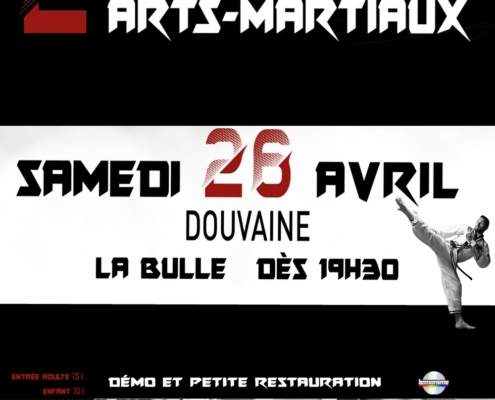 affiche pour la nuit des arts martiaux le samedi 26 avril 2025 dès 19h30 à la Bulle de Douvaine