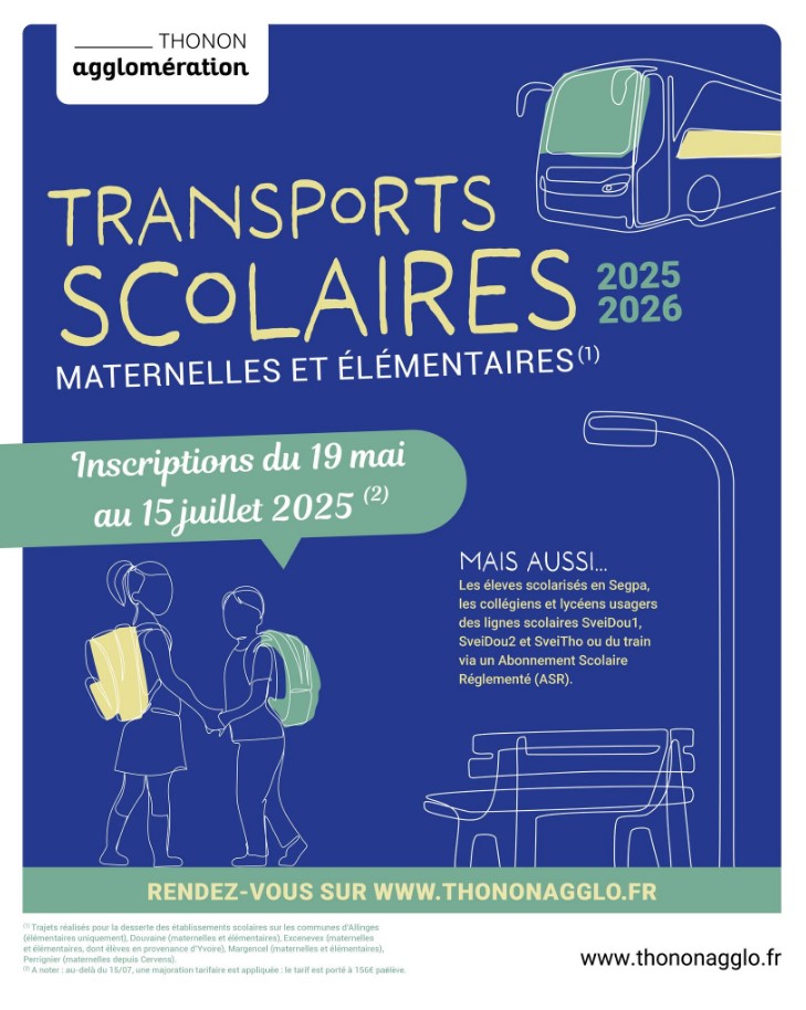 affiches de Thonon Agglomération pour inviter les usagers à inscrire leurs enfants aux transports scolaires maternelles et élémentaires 2025-2026 à partir du 19 mai et jusqu'au 15 juillet 2025