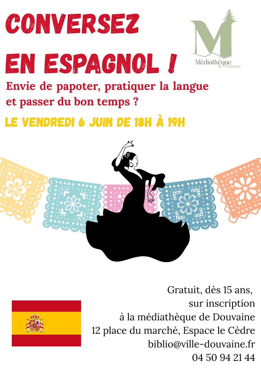 affiche pour une séance de discussion en espagnol le 6 juin 2025 à 19h à la nouvelle médiathèque de Douvaine