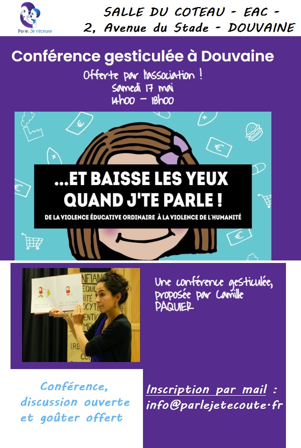 affiche extraite de la page du site de "parle je t'écoute" pour leur conférence samedi 17 mai de 14h à 18h à la salle du Coteau - EAC Douvaine