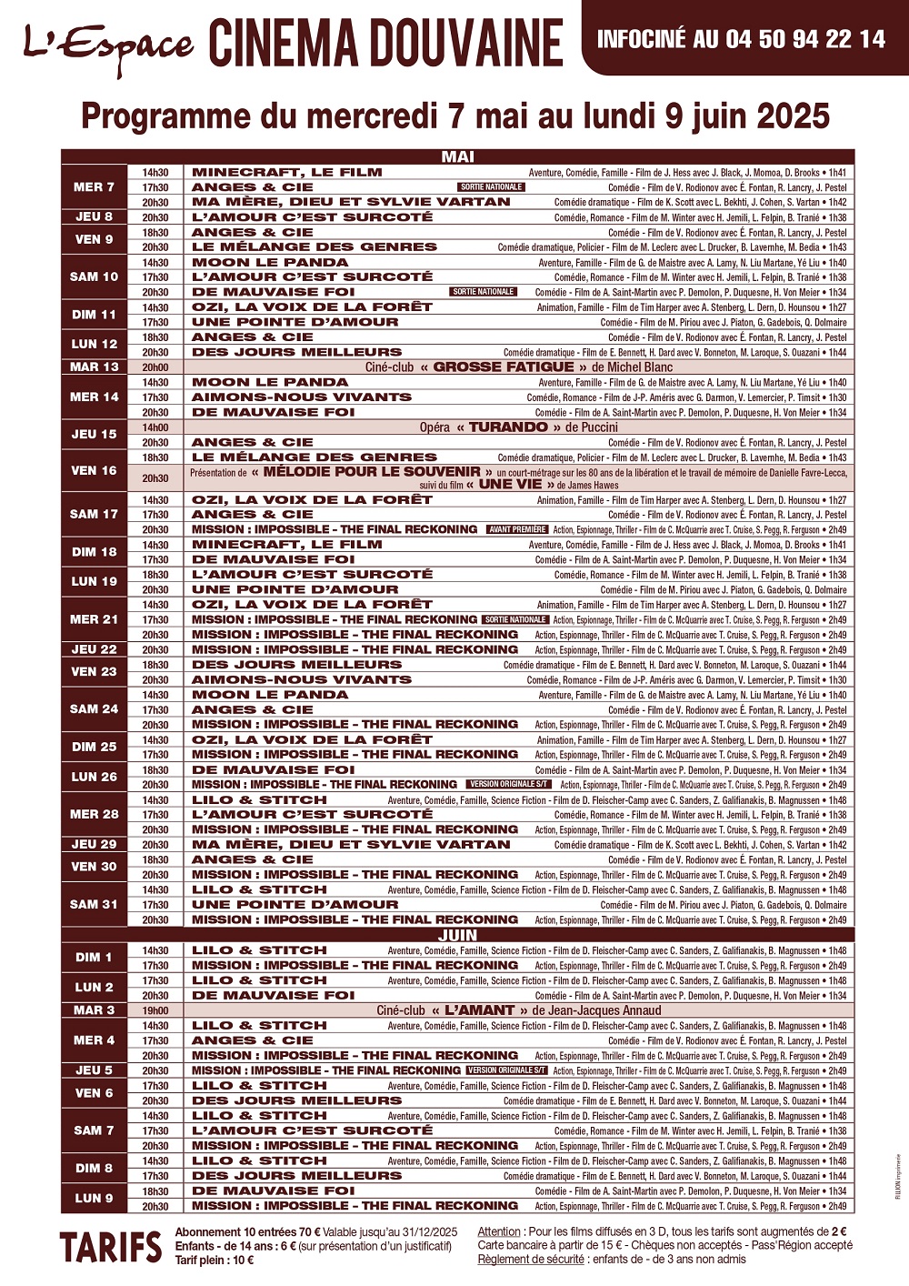 Programme complet des séances de cinéma l'Espace de Douvaine du 7 mai au 9 juin 2025