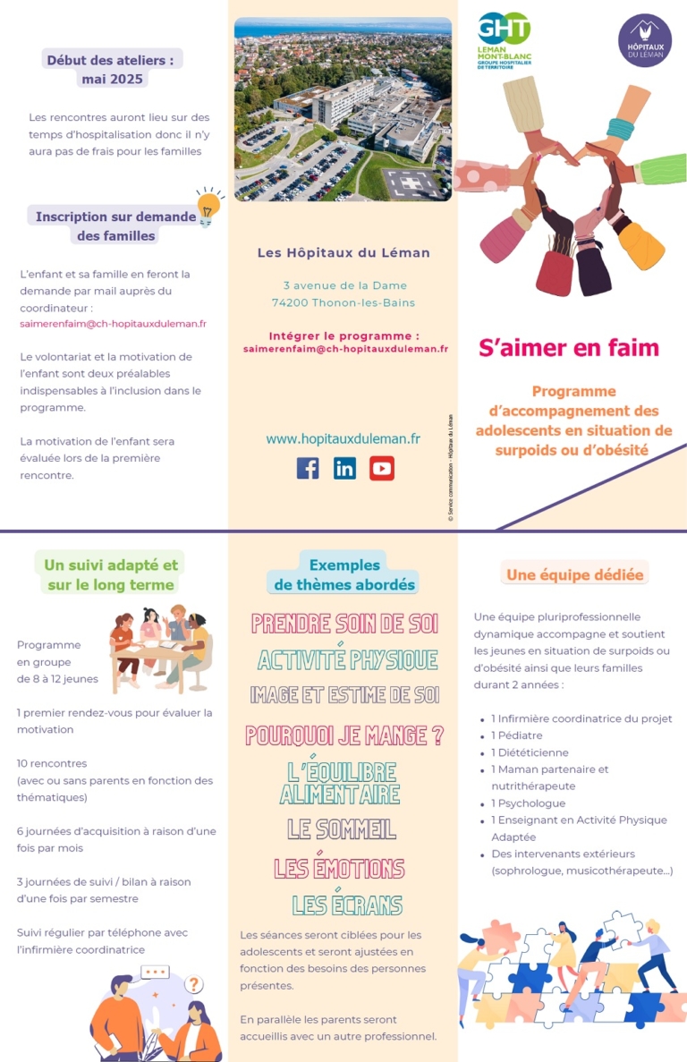 Flyer recto verso du programme des hôpitaux du Léman pour la lutte contre l'obésité des adolescents