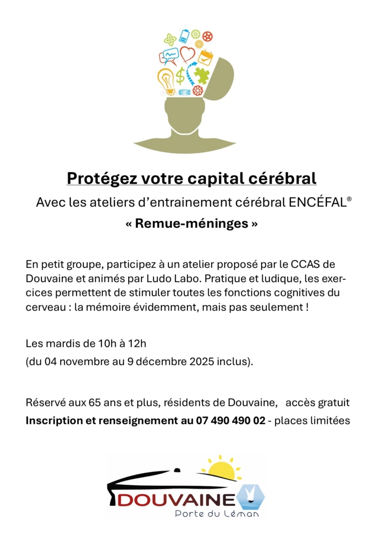 Affiche pour les ateliers mémoire proposés par le CCAS de Douvaine du 04 novembre au 09 décembre 2025
