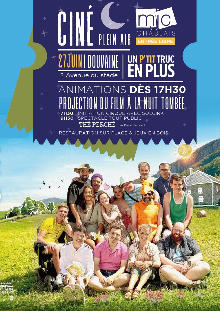 affiche de la projection du 27 juin au stade de Douvaine dans le cadre des ciné plein air de la MJC