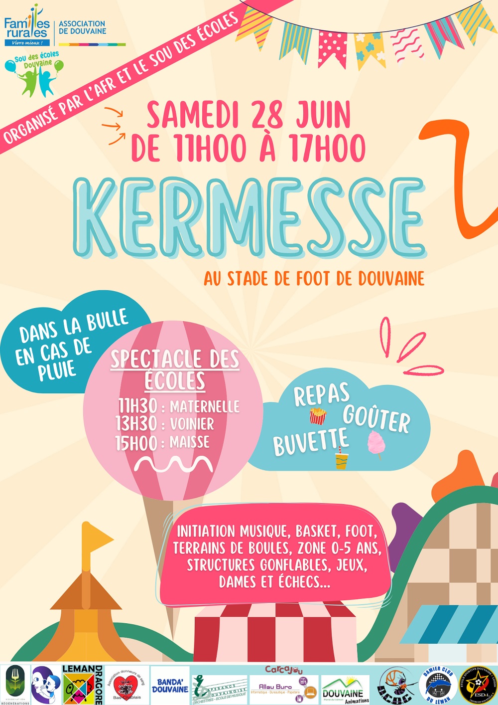 affiche officielle du Sou des Ecoles pour la kermesse du 28 juin de 11h à 17h au stade de Douvaine