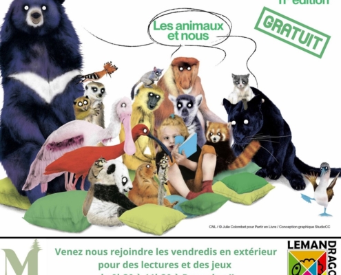 affiche de l'événement Partir en Livre de la médiathèque de Douvaine avec les dates des lectures dans les parcs publics de la ville.