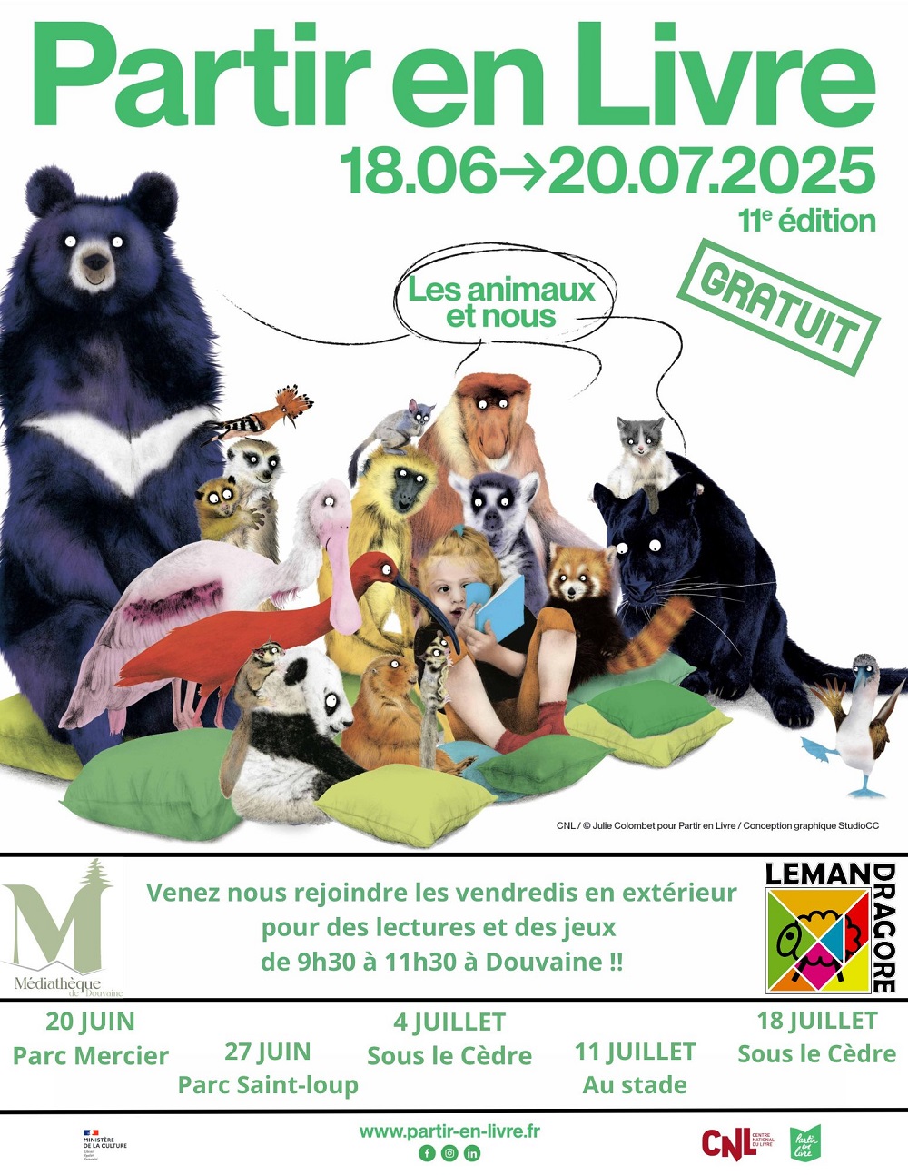affiche de l'événement Partir en Livre de la médiathèque de Douvaine avec les dates des lectures dans les parcs publics de la ville.