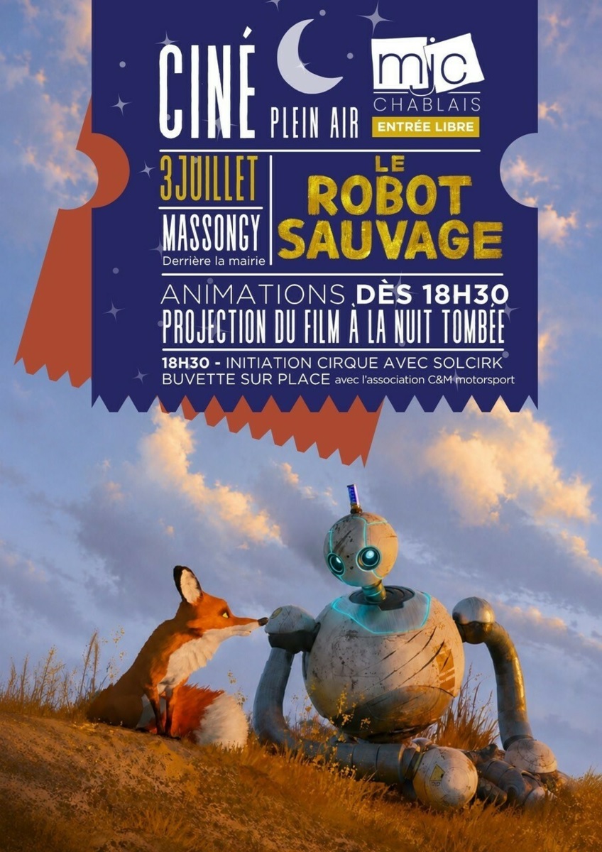 affiche Robot Sauvage adaptée avec la date du ciné plein air de la MJC Chablais à Massongy (derrière la Mairie) le vendredi 3 juillet 2026 dès 18h30