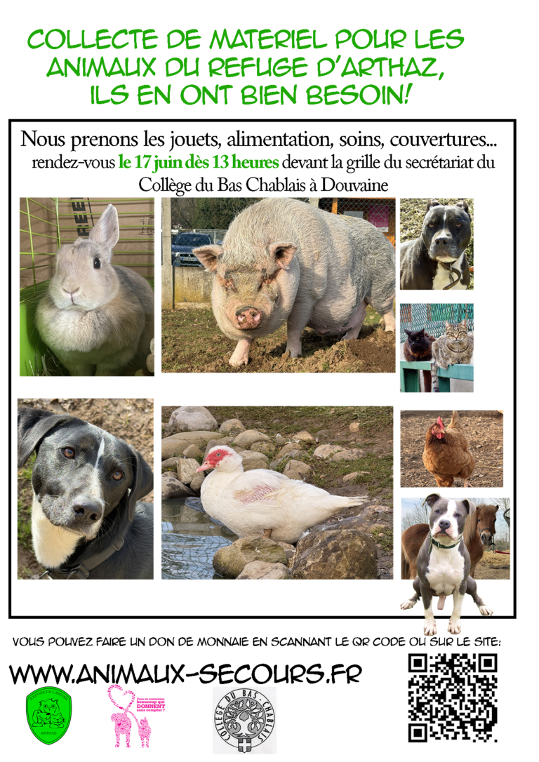 affiche de la collecte réalisée par les élèves de quatrième du collège du Bas-Chablais en faveur du refuge pour animaux d'Artaz. la collècte se fera au collège mardi 17 juin dès 13h.