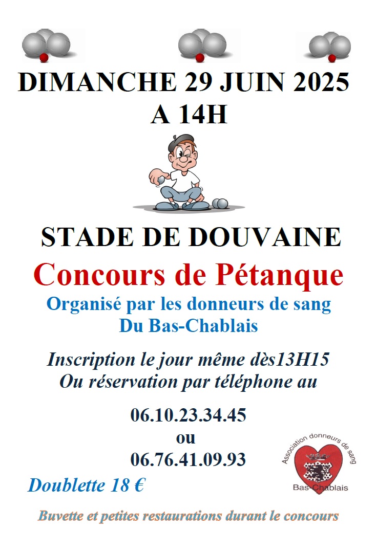 Affiche annoncant le concours de pétanque organisé par le don du sang le dimanche 29 juin 2025 dès 14h au stade de Douvaine