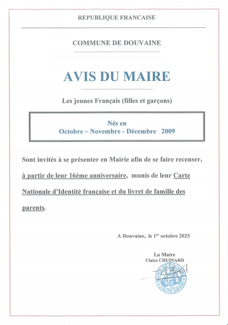 appel au recensement des jeunes nés en octobre, novembre et décembre 2009