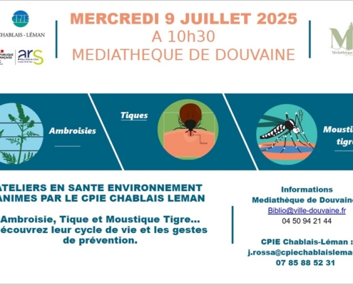 Affiche pour les ateliers du 9 juillet 2025 à 10h30 à la médiathèque de Douvaine