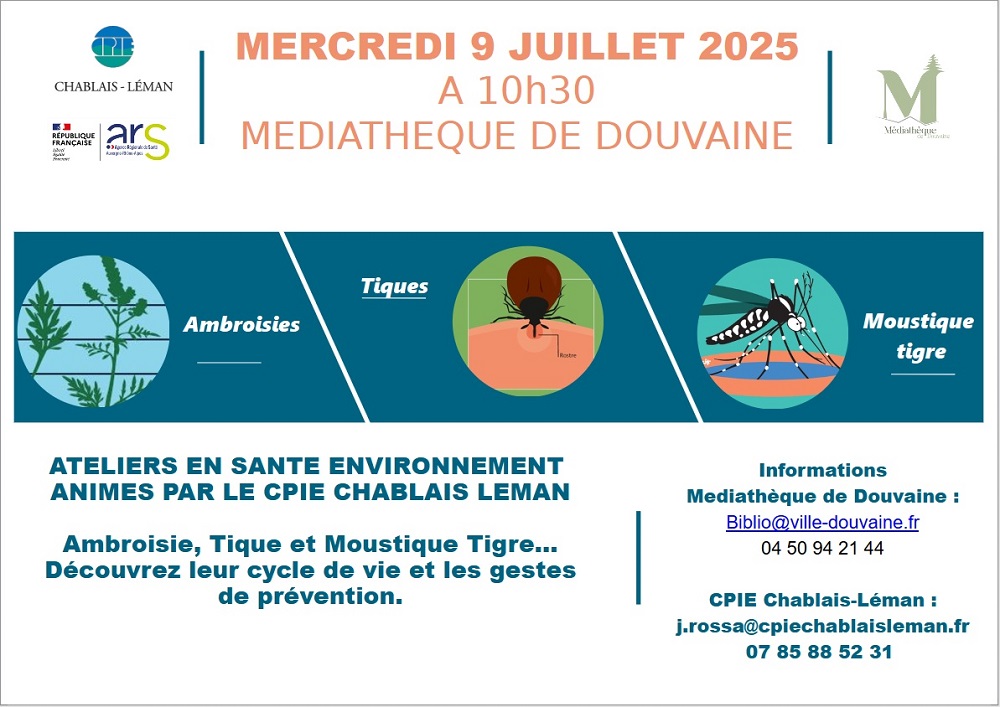 Affiche pour les ateliers du 9 juillet 2025 à 10h30 à la médiathèque de Douvaine