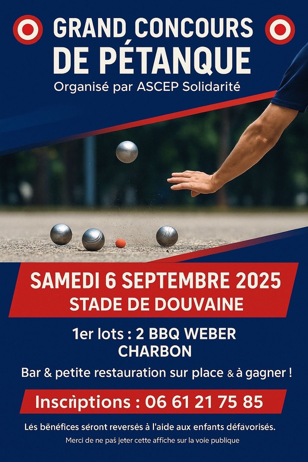 Affiche du concours de pétanque de l'ASCEP, le samedi 6 septembre 2025 au stade de Douvaine