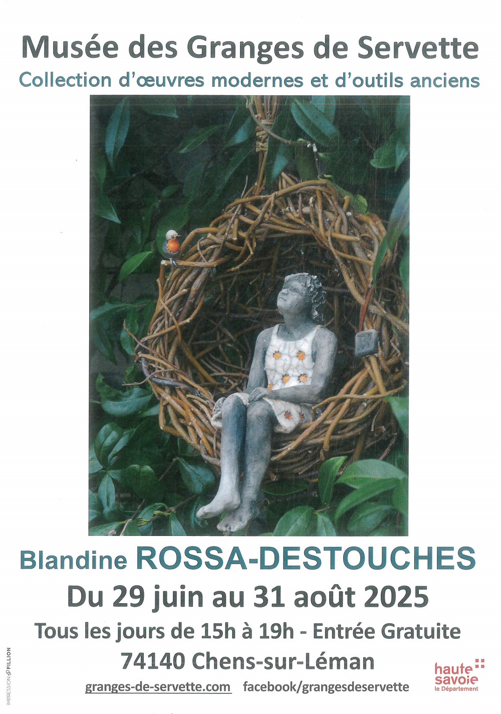 Affiche de l'exposition de Blandine Rossat-Destouches aux Granges de Servette l'été 2025 avec une photo de sa sculpture représentant une jeune fille dans un nid-fauteuil en brindilles