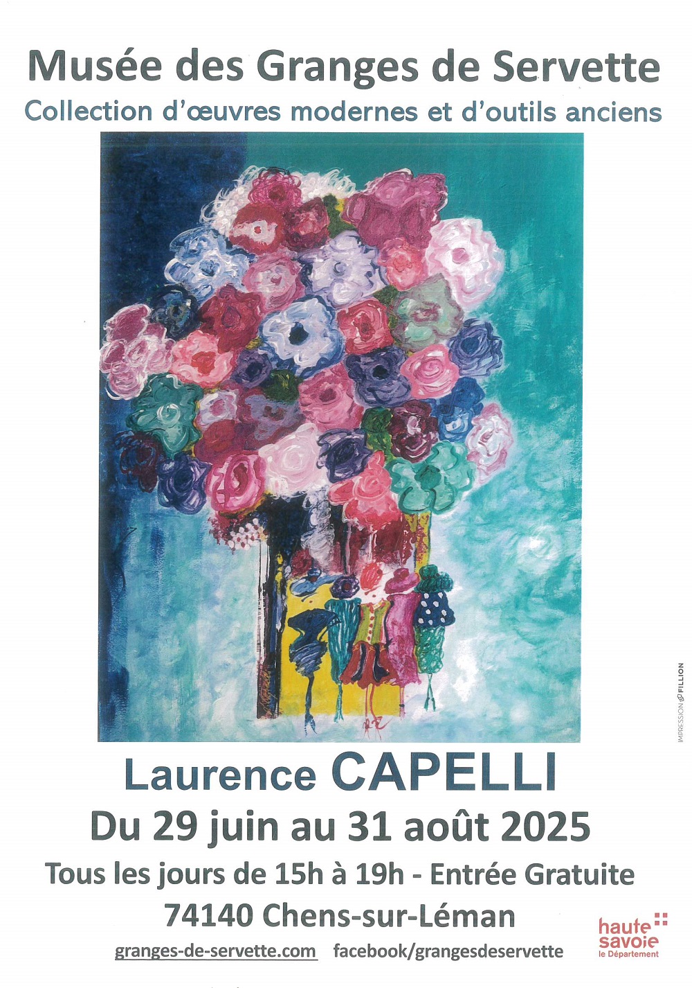 Affiche de l'exposition de Laurence Capelli aux Granges de Servette pour l'été 2025 avec son tableau d'un vase de fleurs