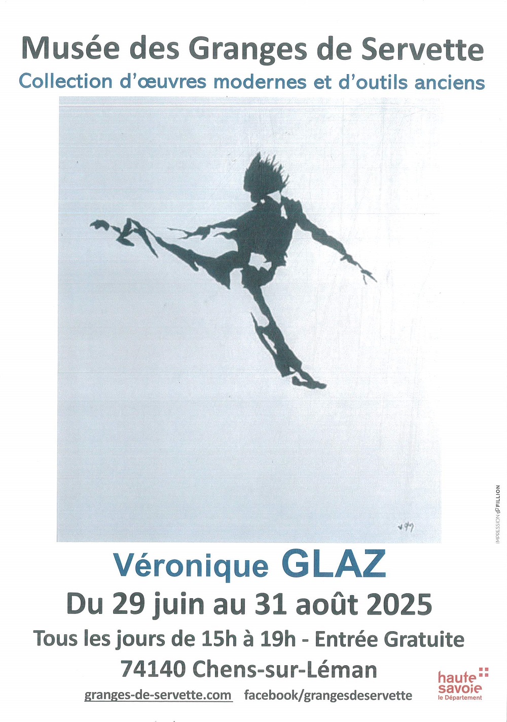 Affiche de l'exposition de Véronique Glaz aux Granges de Servette l'été 2025 avec une peinture représentant un personnage en grand-jeté