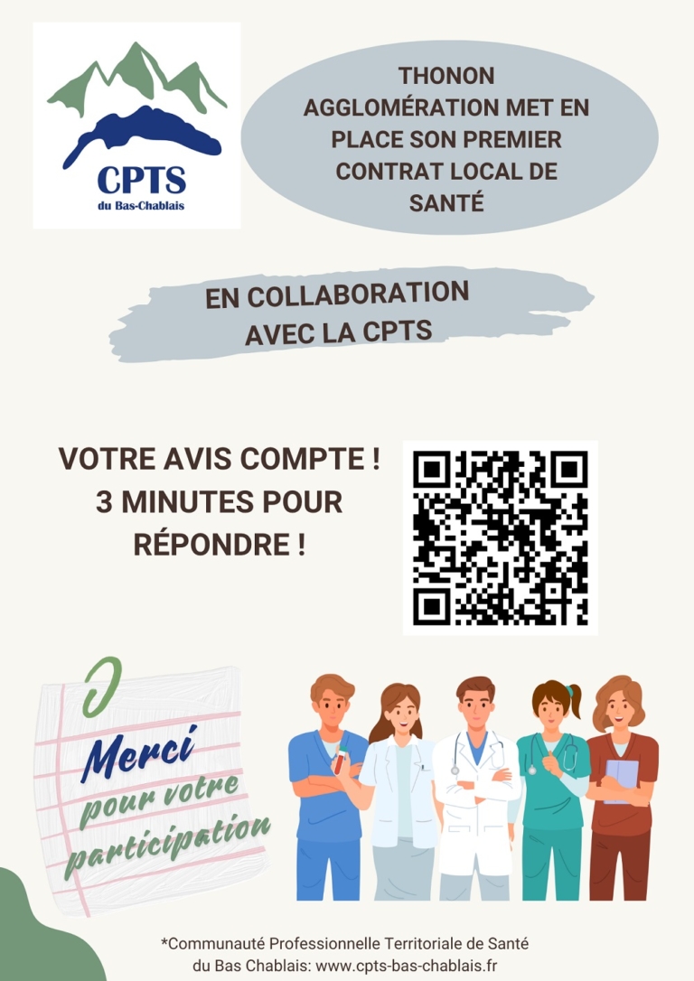 affiche avec lien QR code pour accéder au questionnaire recueillant votre avis pour le Contrat Local de Santé