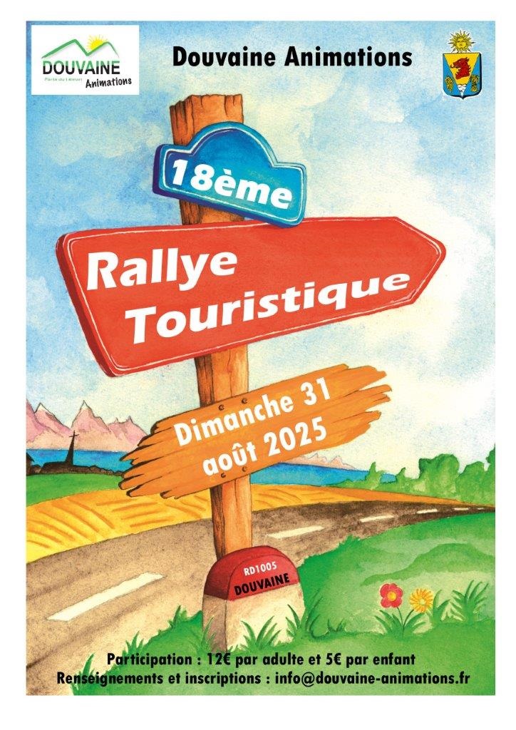 Affiche du 18e Rallye Touristique le dimanche 31 août 2025. inscriptions à info@douvaine-animations.fr (12€ adultes ou 5€ moins de 12 ans)