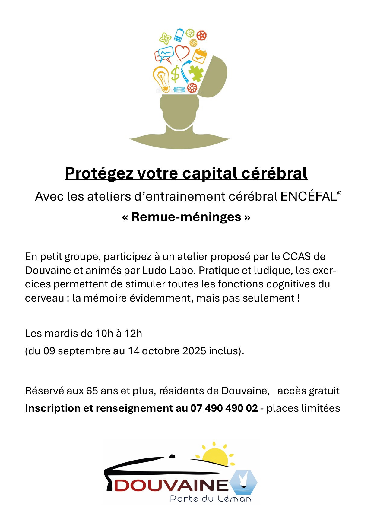 affiche proposant les ateliers mémoire du 9 septembre au 14 octobre 2025 inslus les mardis de 10h à 12h. Sur inscrition au 07 490 490 02