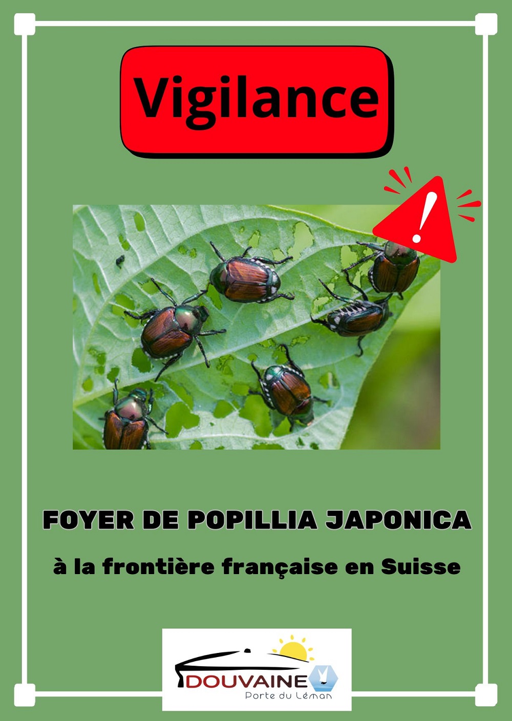 affiche alertant sur la proximité du Scarabée japonais en suisse voisine