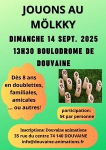 Affiche "Jouons au Mölkky" le dimanche 14 septembre 2025 au boulodrome de Douvaine dès 13h30
