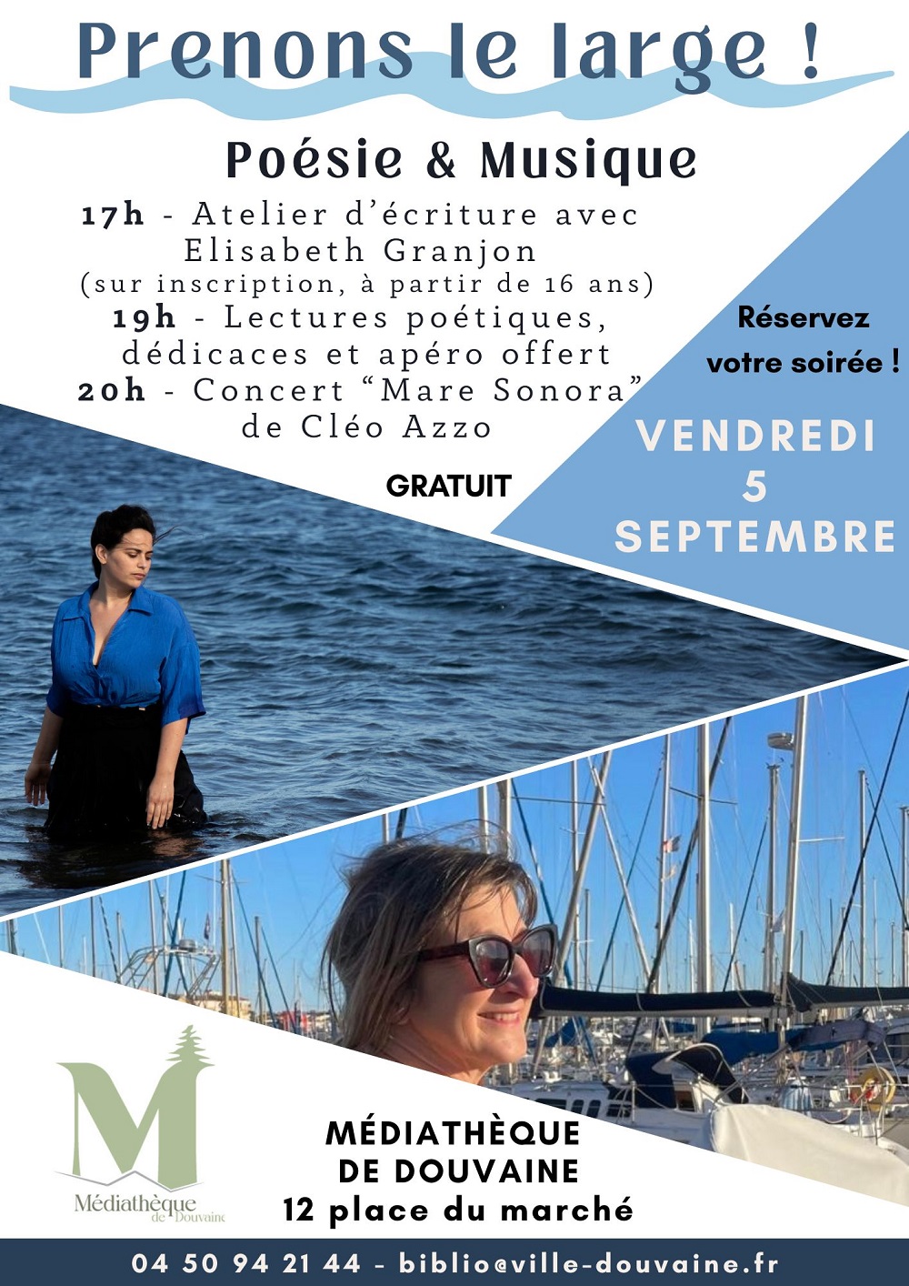 affiche de la médiathèque de Douvaine pour le soirée Poésie et concert du 05 septembre 2025